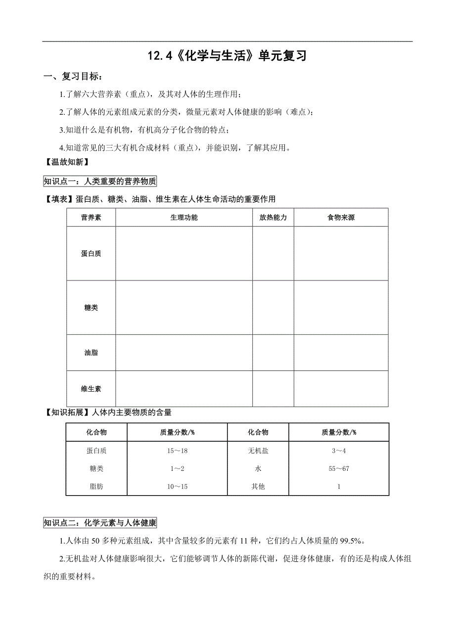 人教版初中化学导学案：12.4化学与生活单元复习_第1页