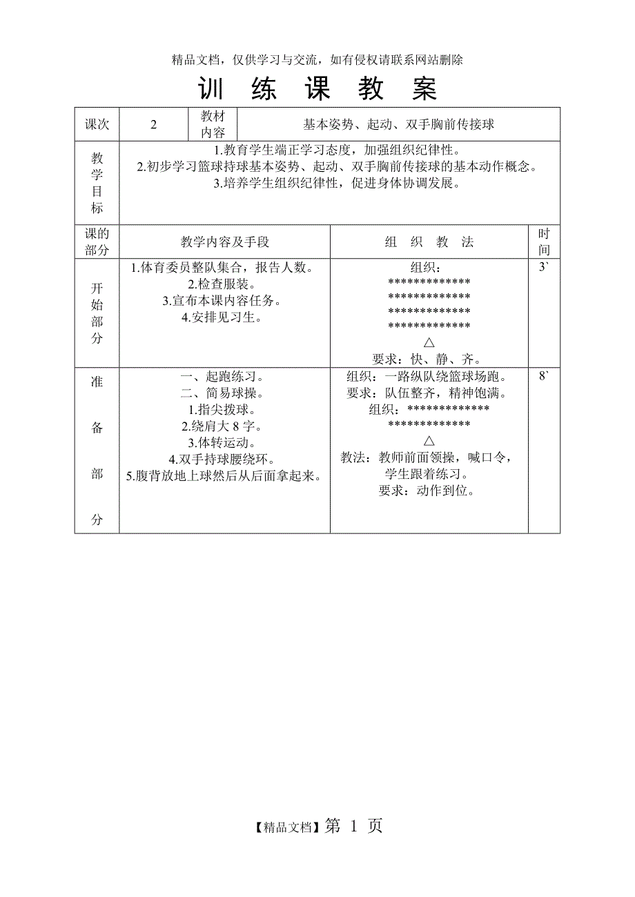 篮球队训练课教案_第1页