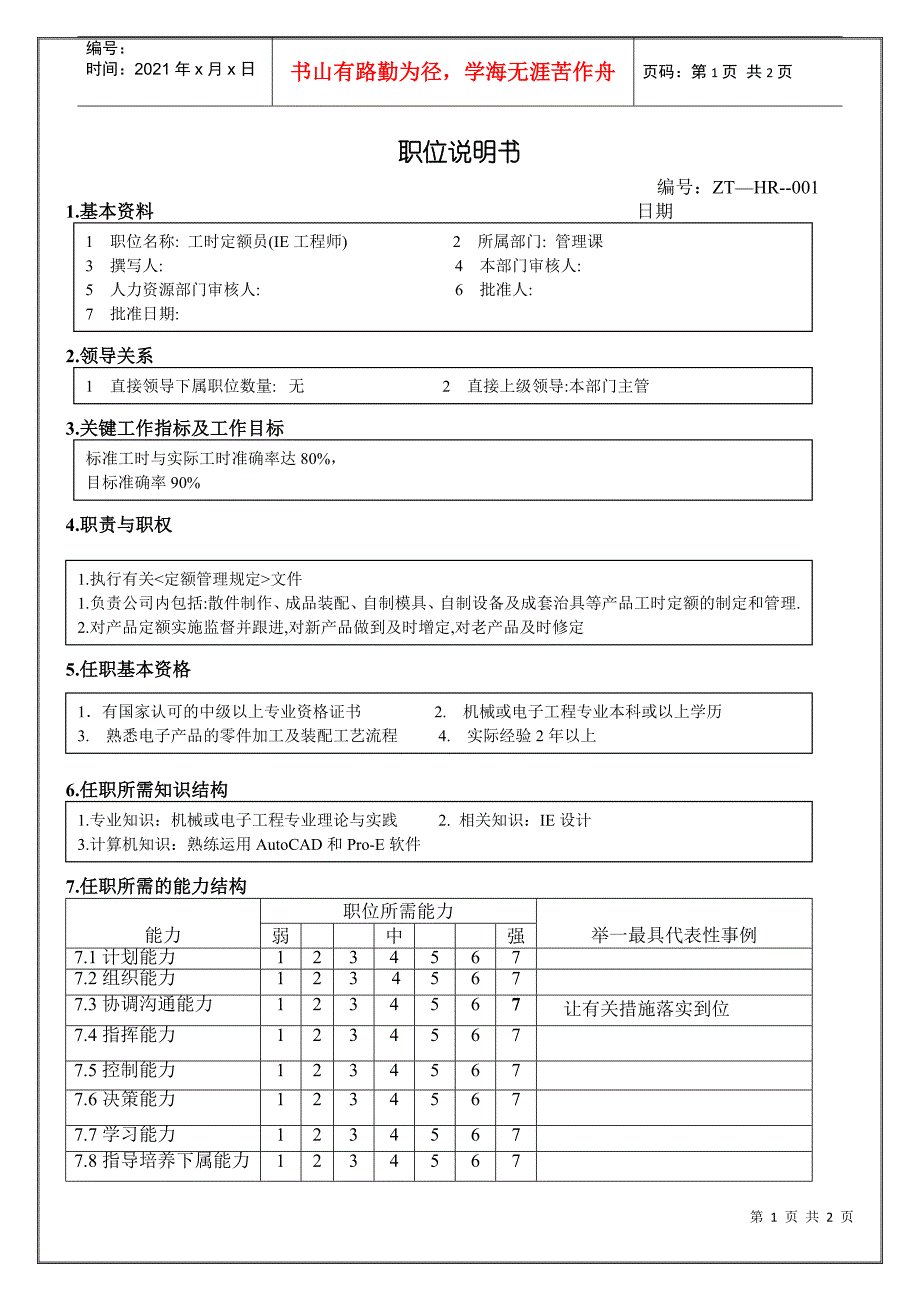 工时定额员职位说明书_第1页