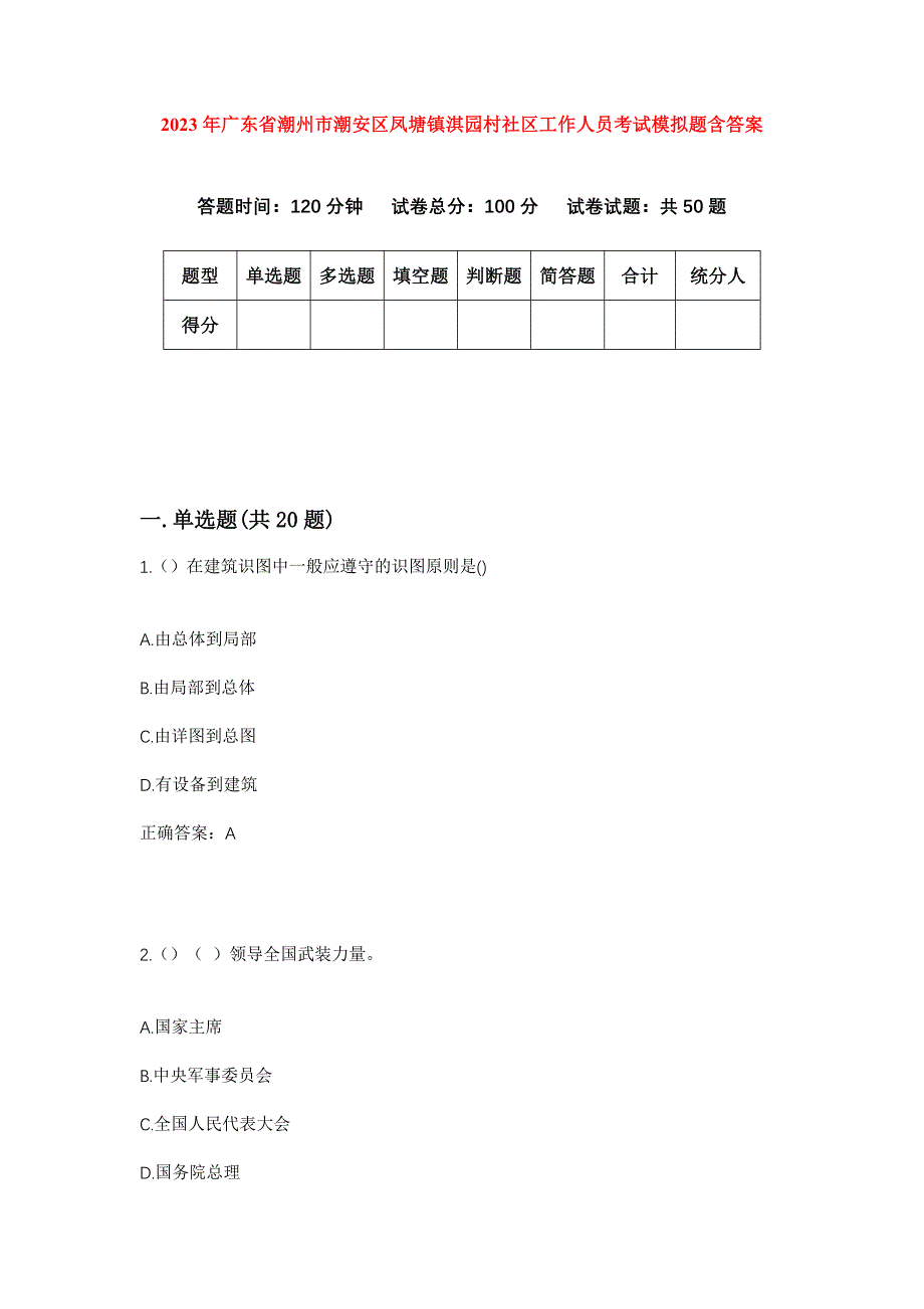 2023年广东省潮州市潮安区凤塘镇淇园村社区工作人员考试模拟题含答案_第1页