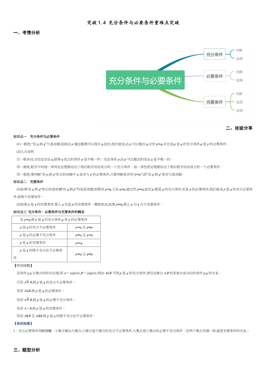 突破1.4 充分条件与必要条件重难点突破-【新教材优创】突破满分数学之2020-2021学年高一数学重难点突破（人教A版2019必修第一册）（原卷版）_第1页