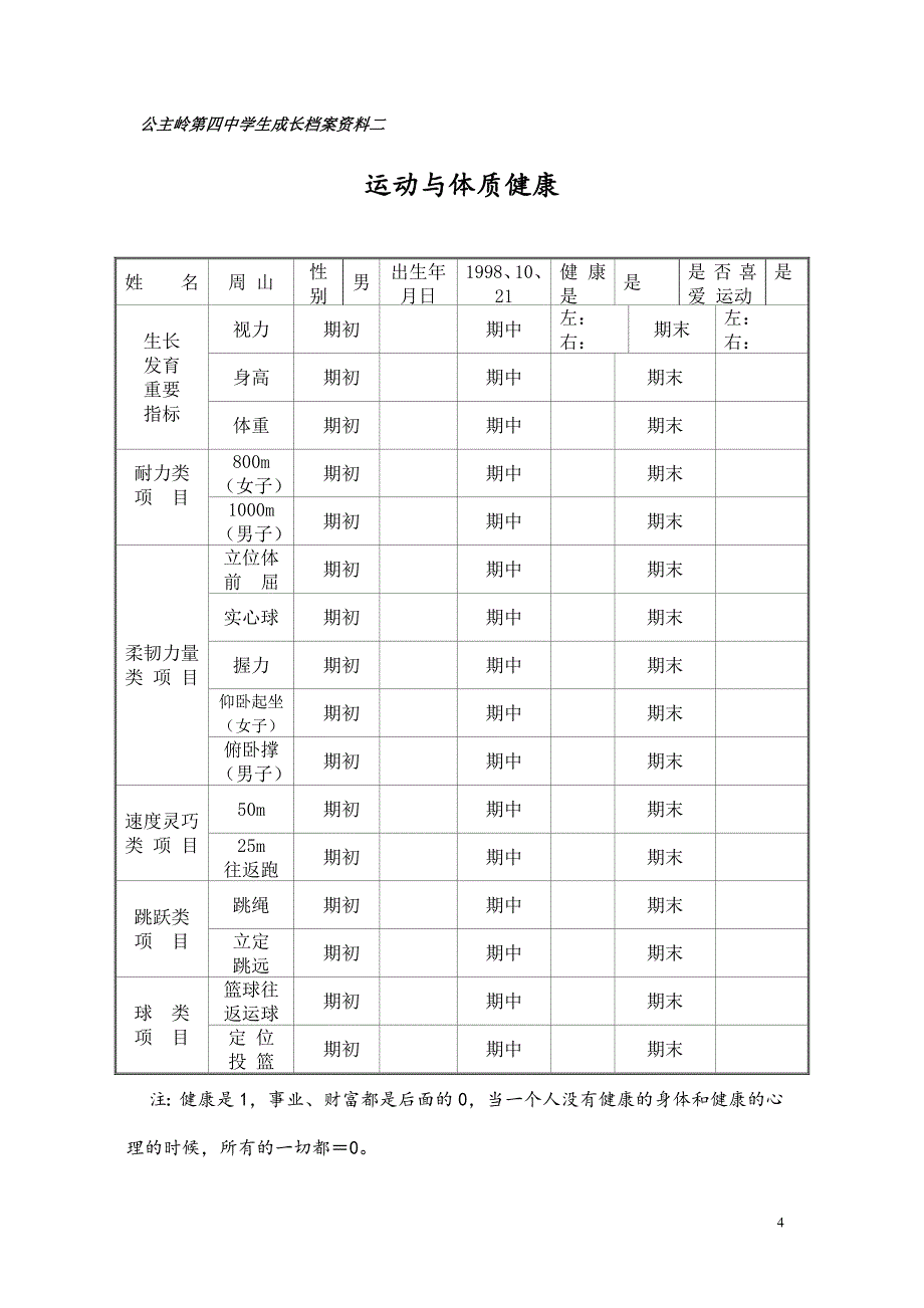 公主岭第四中学初中生成长档案模板_第4页