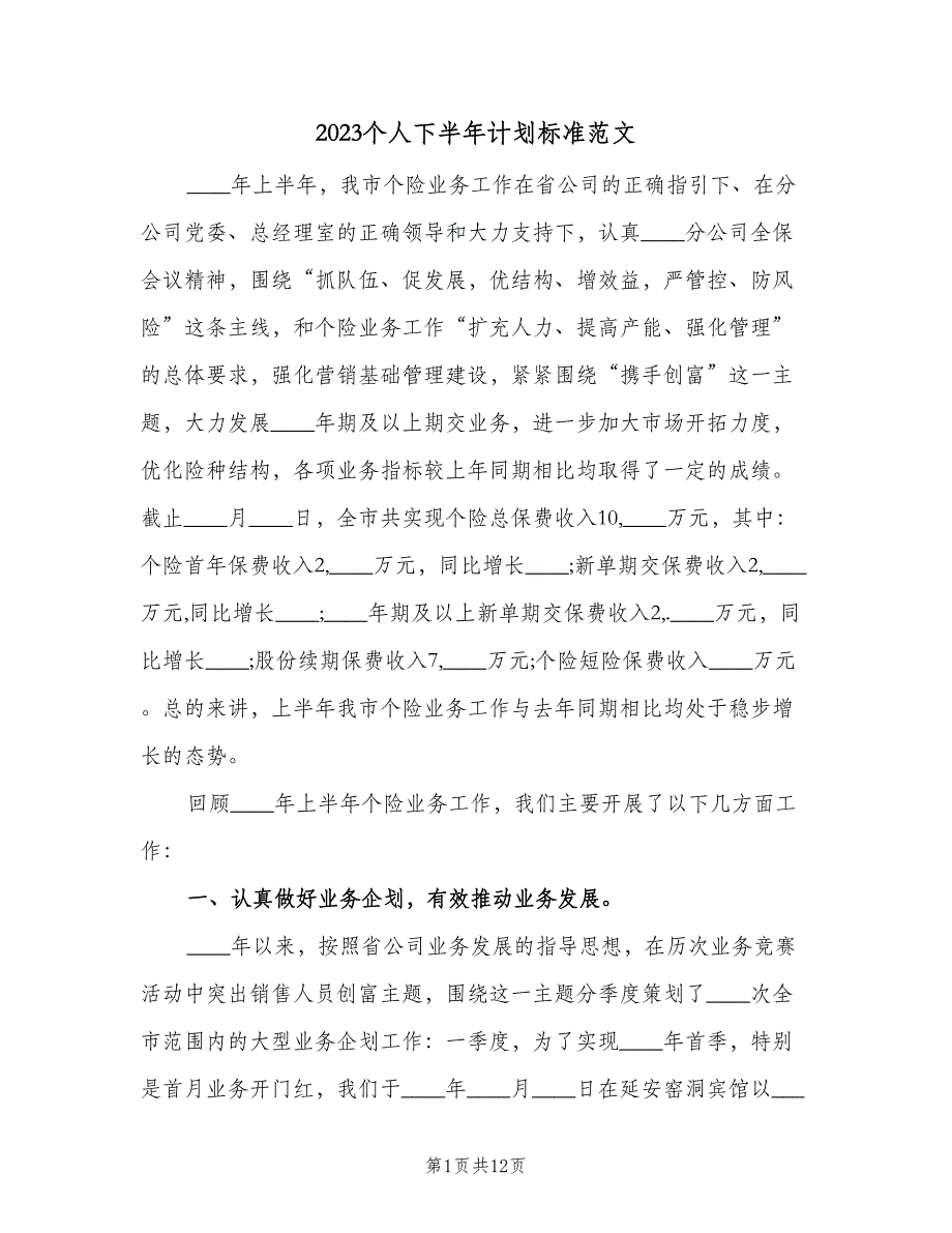 2023个人下半年计划标准范文（2篇）.doc_第1页