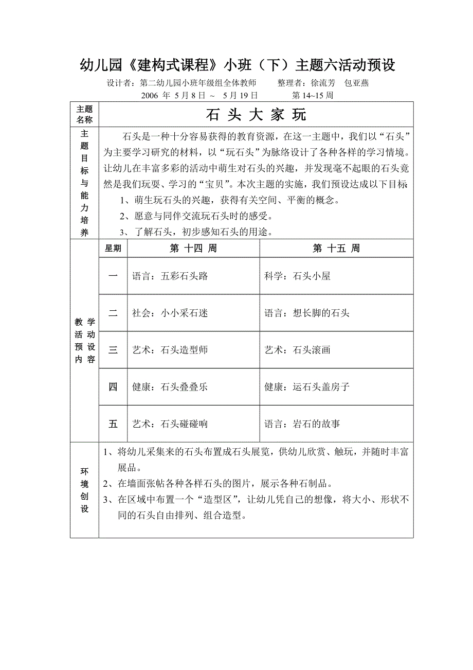 幼儿园建构式课程小班(下)主题六活动预设_第1页