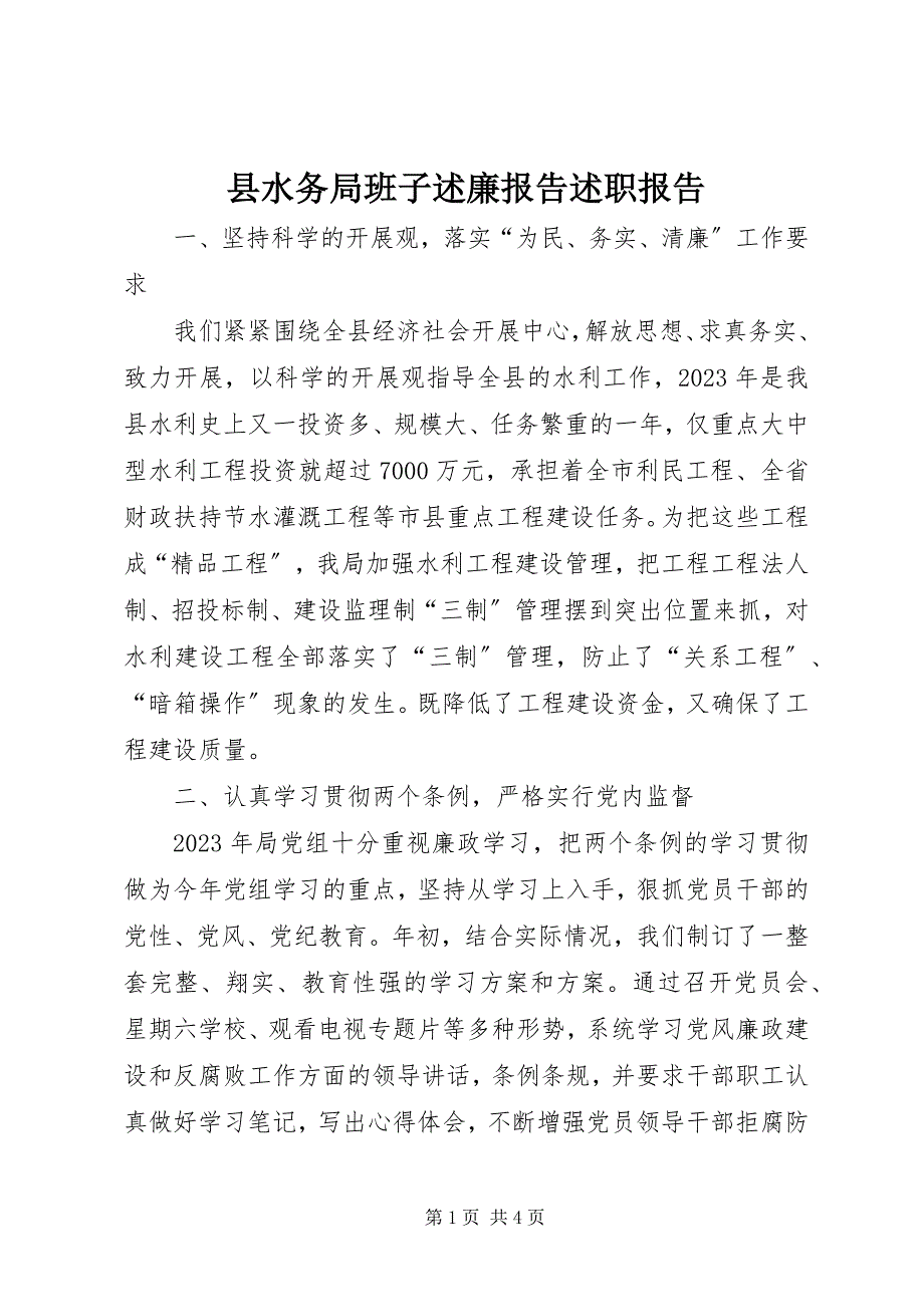 2023年县水务局班子述廉报告述职报告.docx_第1页