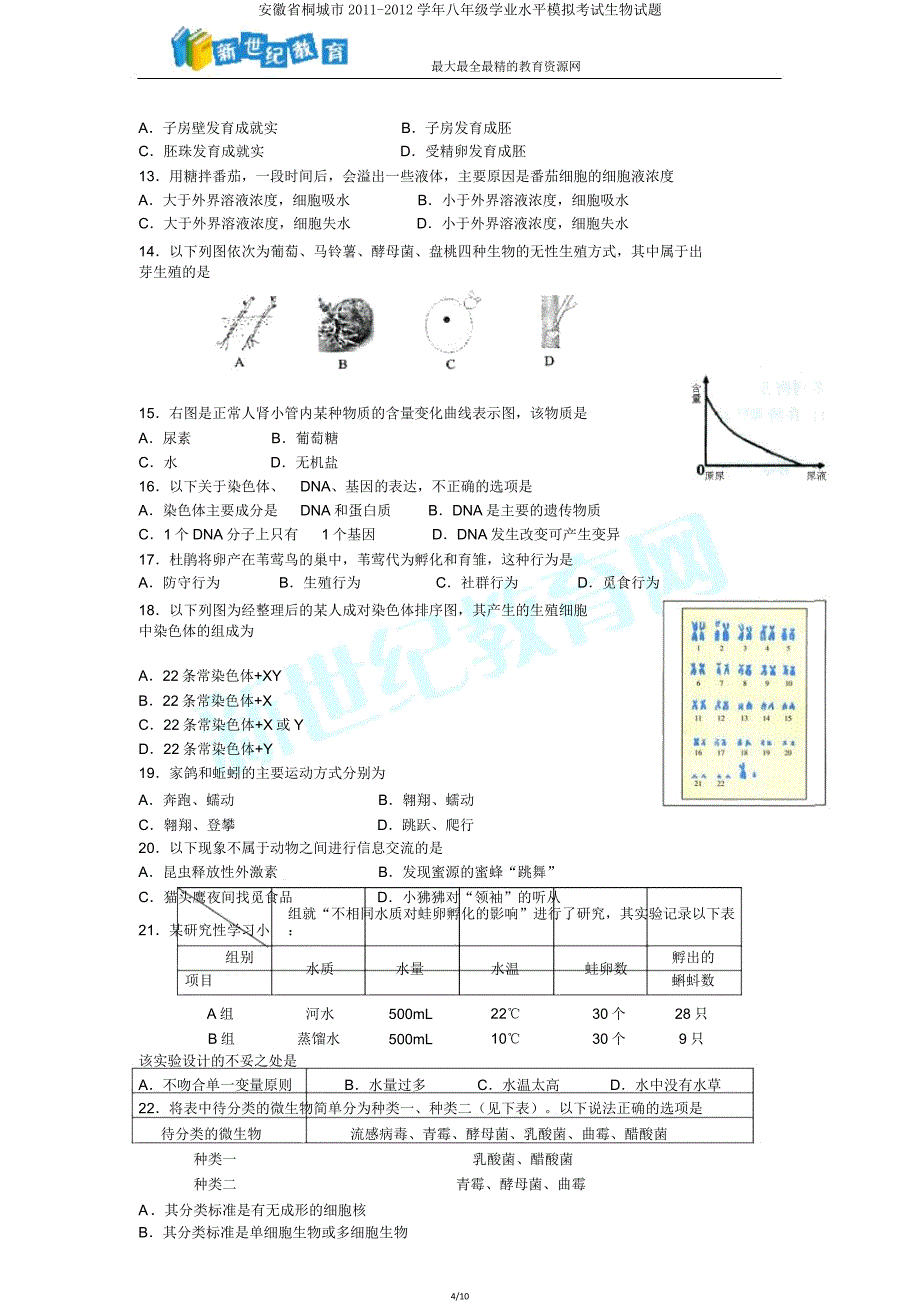 安徽省桐城市2011-2012学年八年级学业水平模拟考试生物试题.doc_第4页