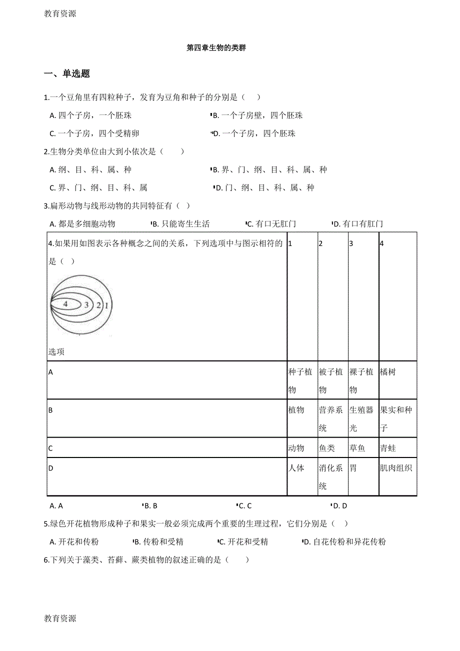 【教育资料】2017-2018学年第二学期沪教版八年级下册生物第四章生物的类群单元测试(无答案)学习精品_第1页