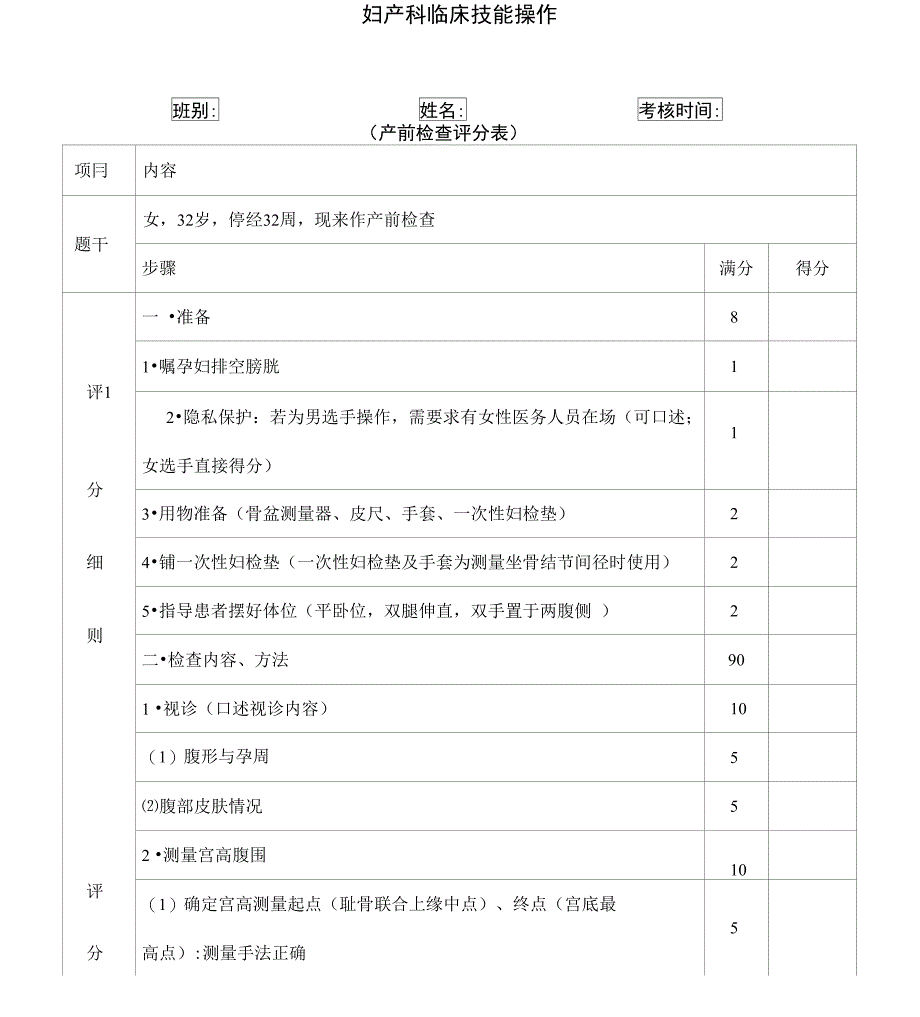 妇产科临床技能考核评分表_第1页