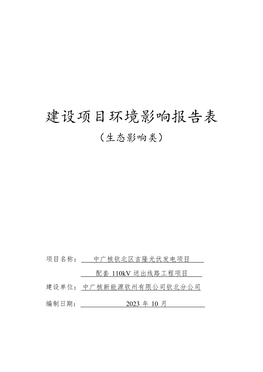 中广核钦北区吉隆光伏发电项目配套110kV送出线路工程项目环境影响报告表.docx_第1页