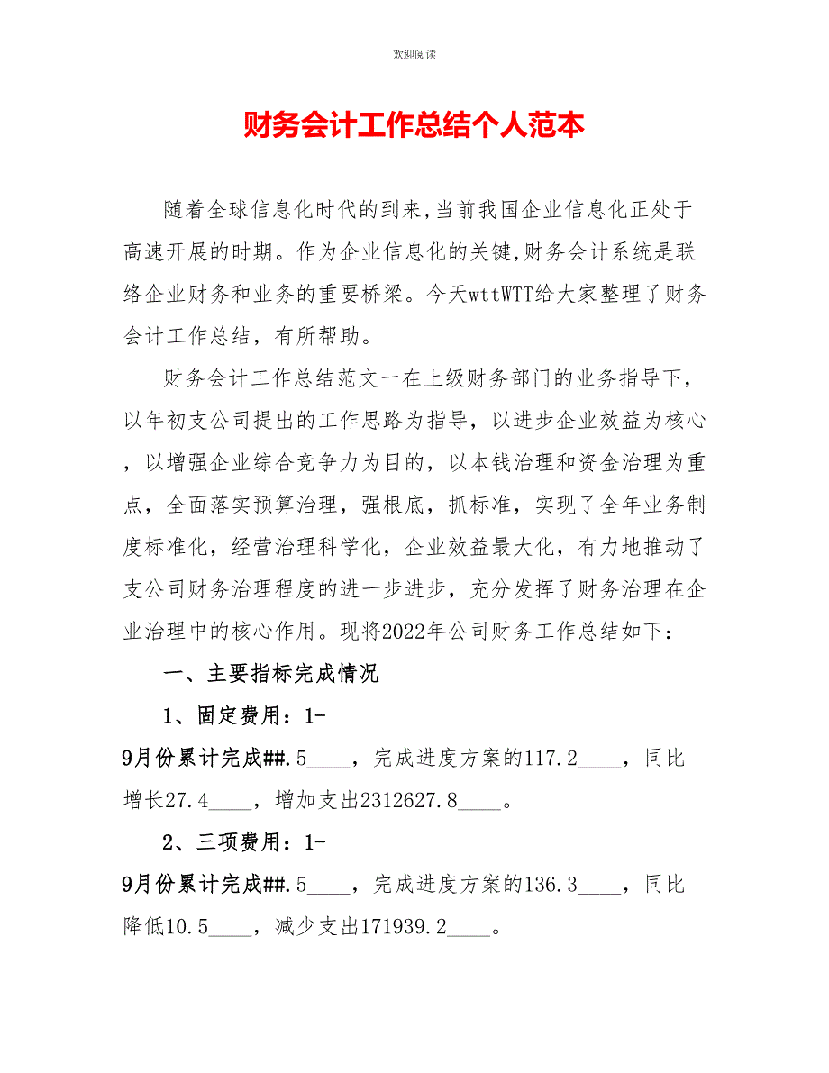 财务会计工作总结个人范本_第1页