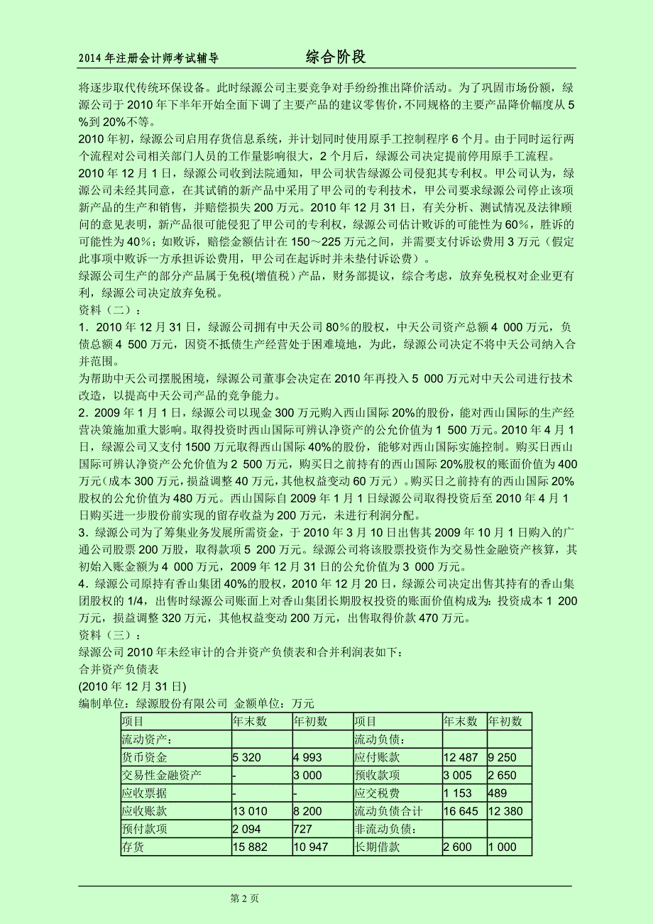 注册会计师综合阶段全真模拟试题 样卷 全两套_第2页