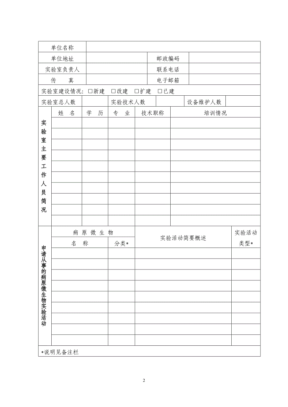 江西省卫生厅病原微生物实验室备案登记表_第2页