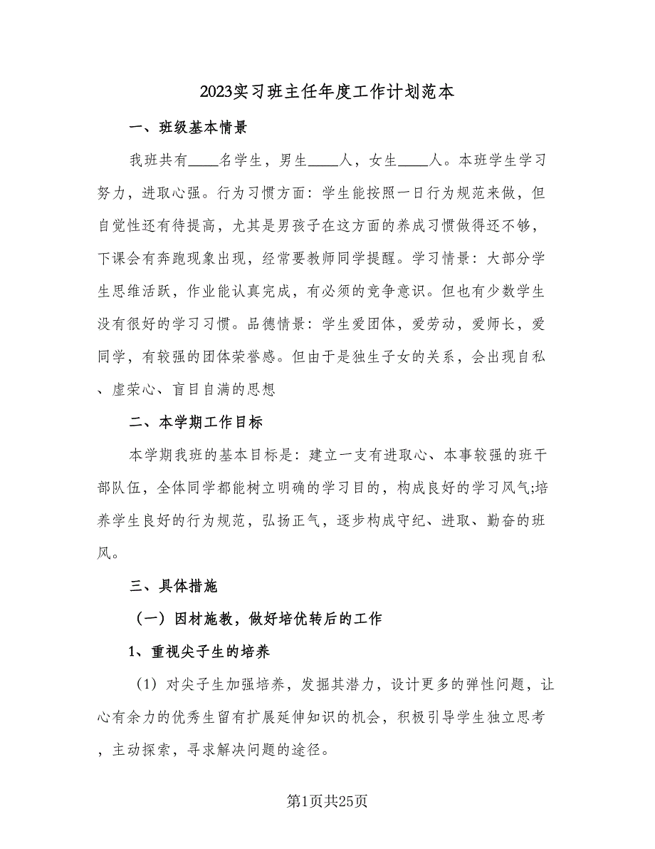 2023实习班主任年度工作计划范本（八篇）.doc_第1页