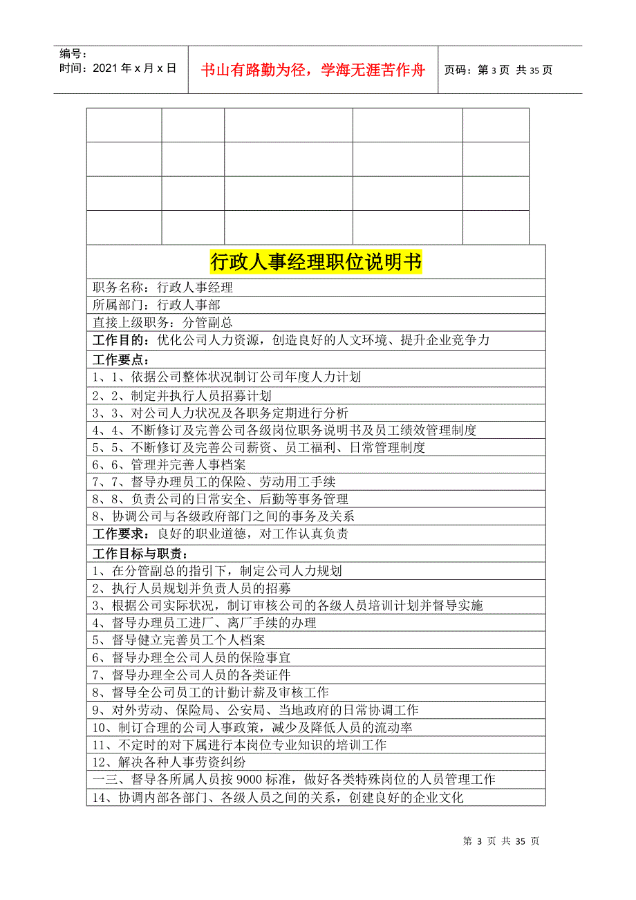 行政部及人事部各岗位职务说明书范本_第3页