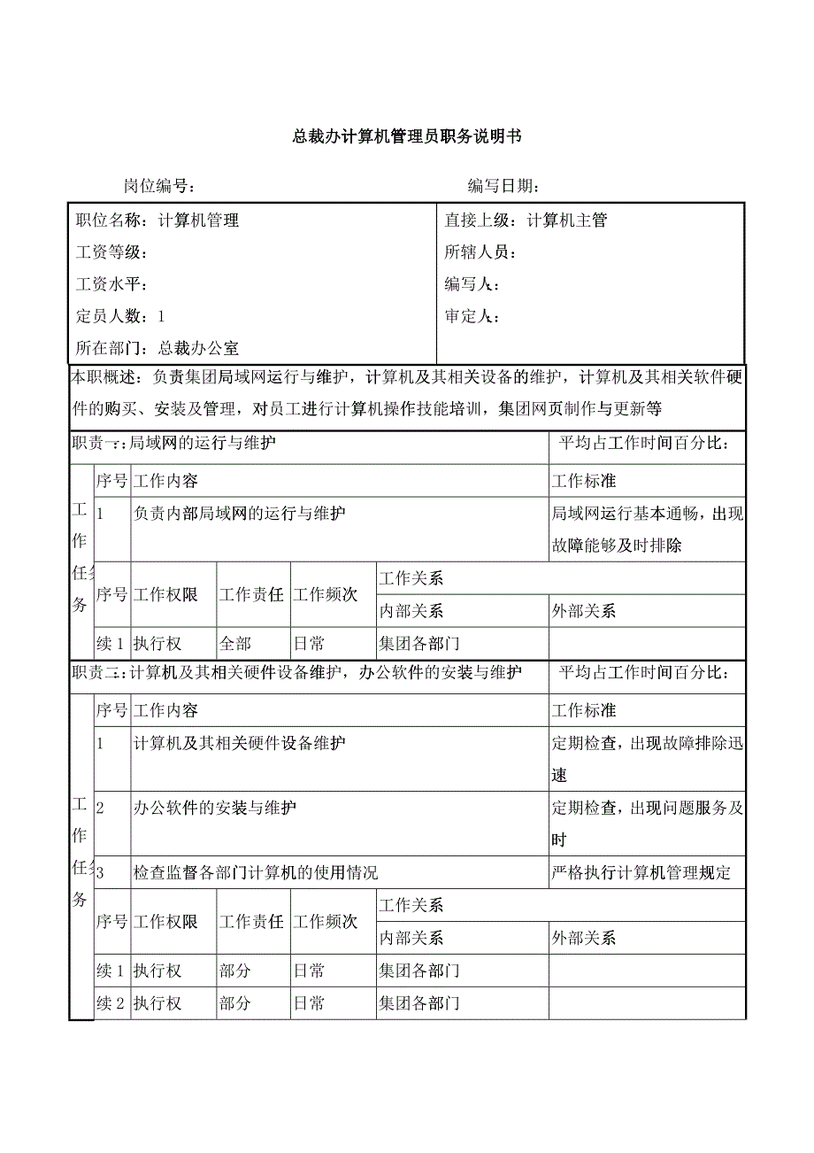 总裁办计算机管理员职务说明书_第1页