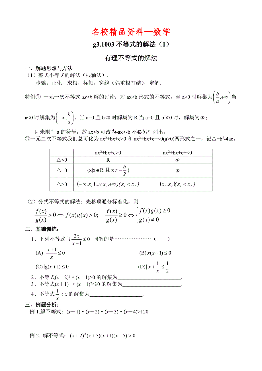 【名校精品】高考数学第一轮总复习100讲第03不等式的解法1_第1页