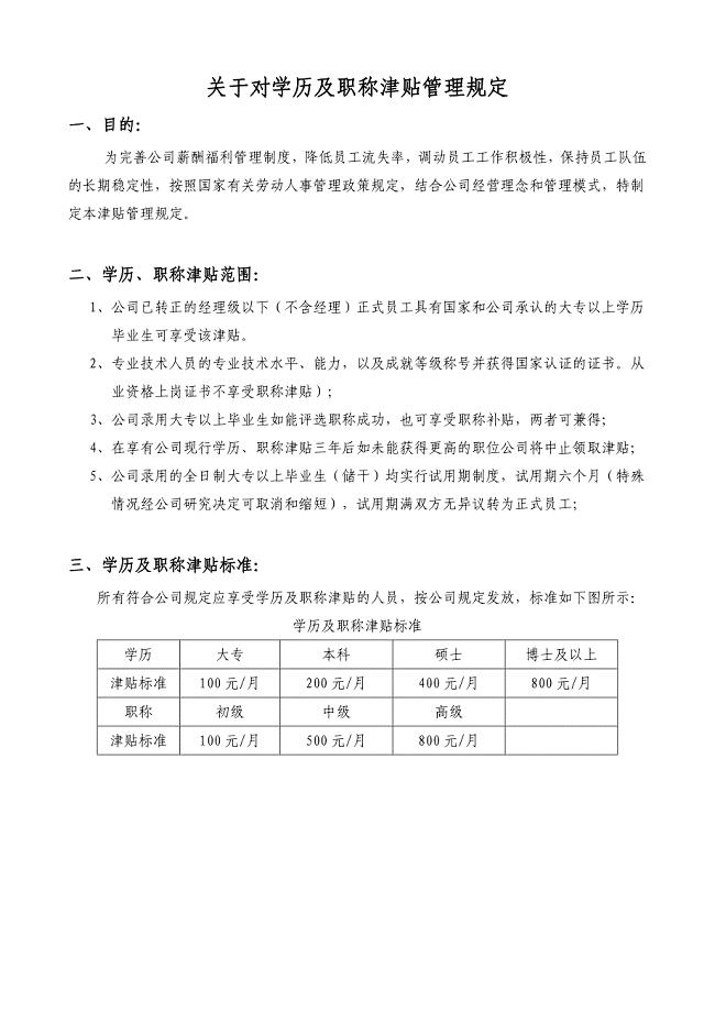 公司关于对学历及职称补贴管理规定