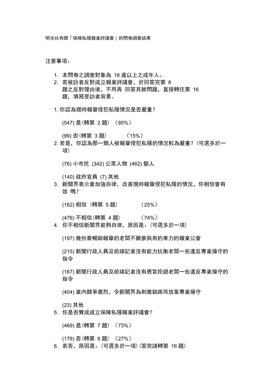 明光社有关保障私隐报业评议会的问卷调查结果_第1页