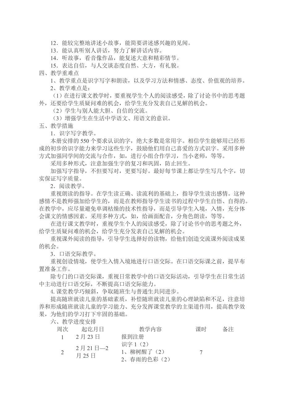 2016上期小学语文一年级下册教学计划_第2页