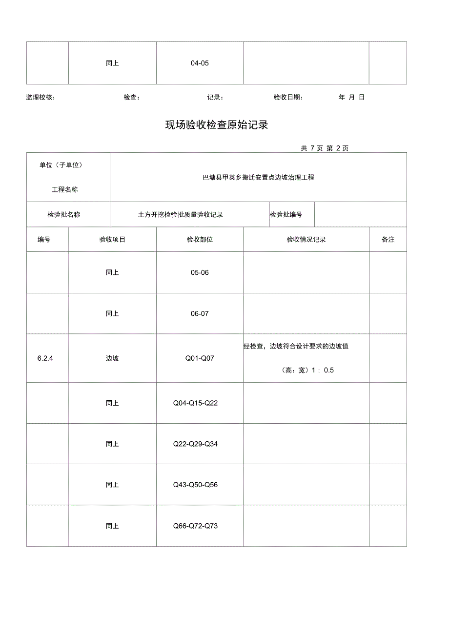 搬迁安置点边坡治理工程土方开挖现场验收检查原始记录_第2页