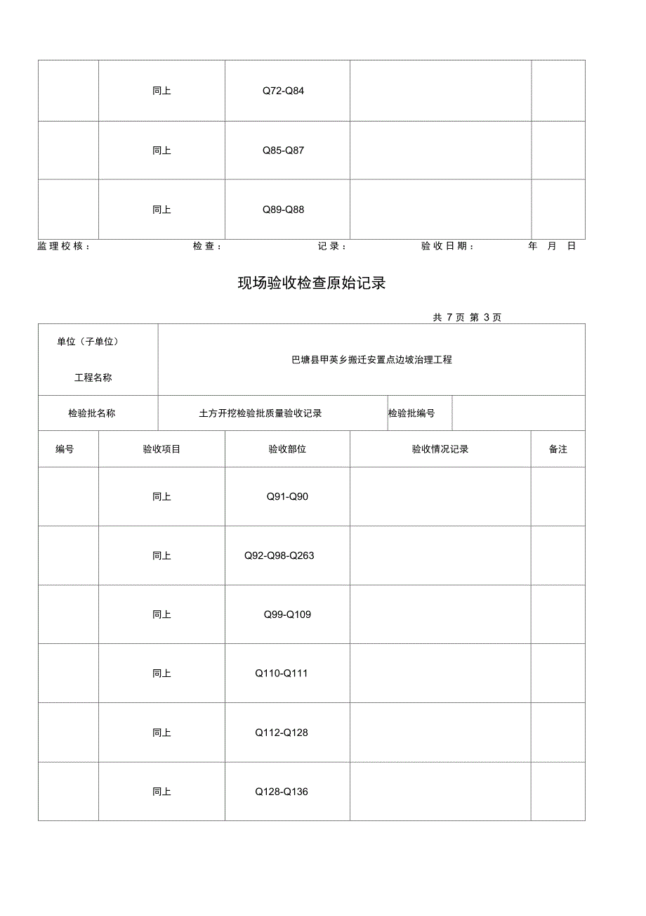 搬迁安置点边坡治理工程土方开挖现场验收检查原始记录_第3页