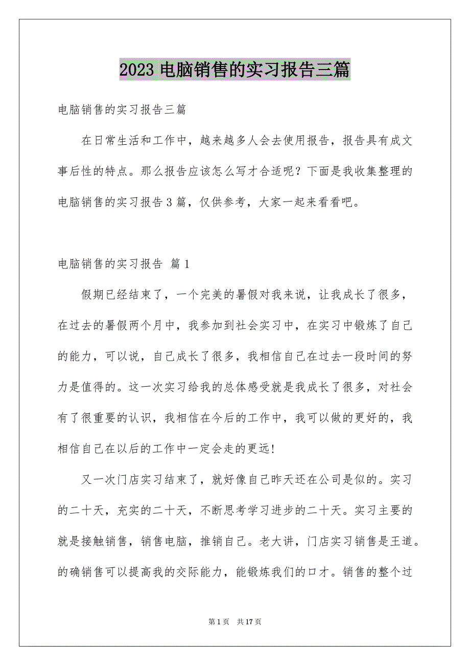 2023电脑销售的实习报告三篇_第1页