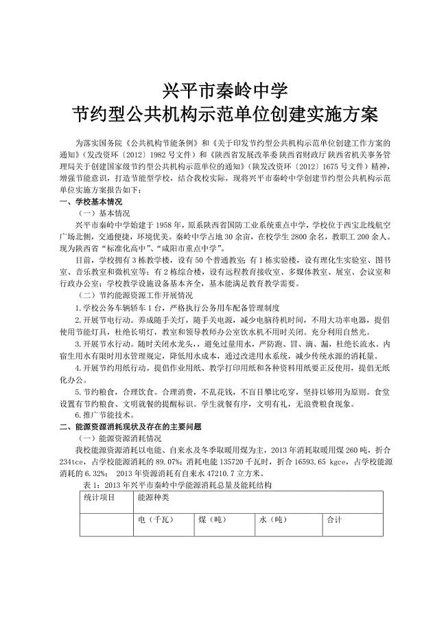兴平市秦岭中学创建节约型公共机构示范单位自评报告
