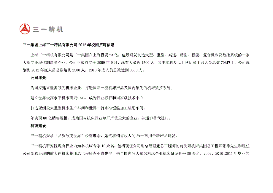 三一集团上海三一精机有限公司XXXX年校园招聘信息_第1页