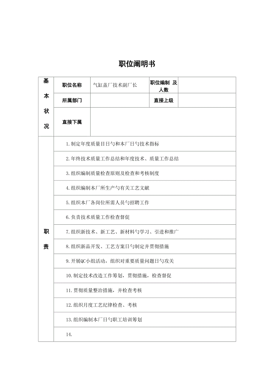 气缸盖厂重点技术副厂长岗位专项说明书_第1页