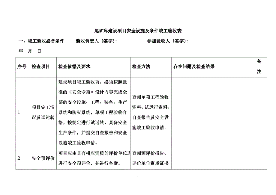 尾矿库建设项目安全设施及条件竣工验收表grnl_第1页