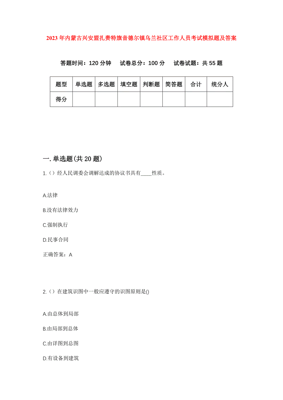 2023年内蒙古兴安盟扎赉特旗音德尔镇乌兰社区工作人员考试模拟题及答案_第1页