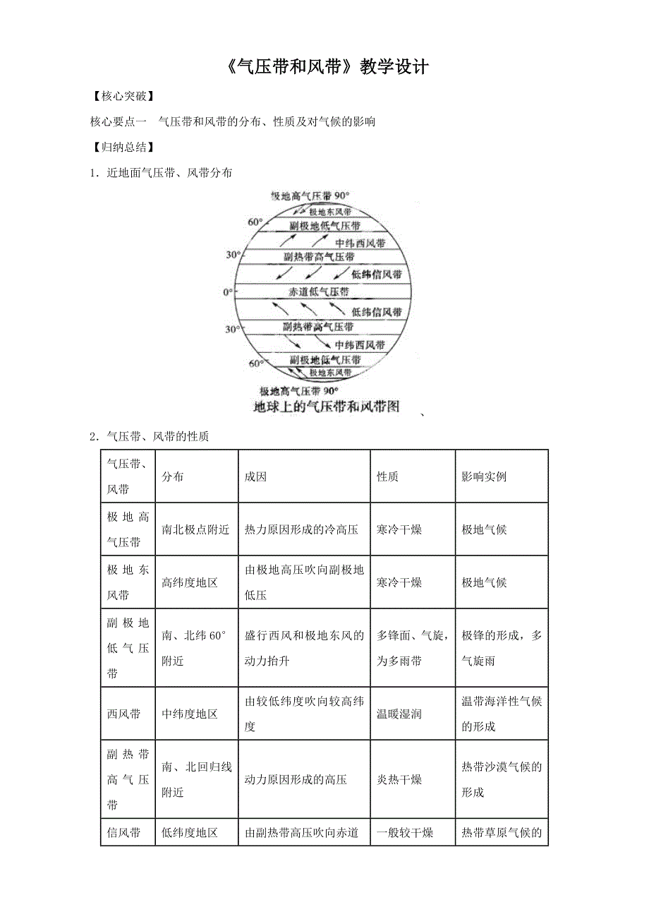 地理人教版一师一优课必修一教学设计：第二章 第二节 气压带和风带3 Word版含答案_第1页