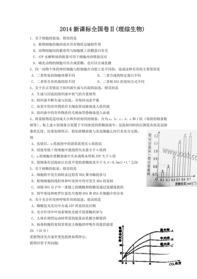 2014新课标全国卷Ⅱ(理综生物).doc