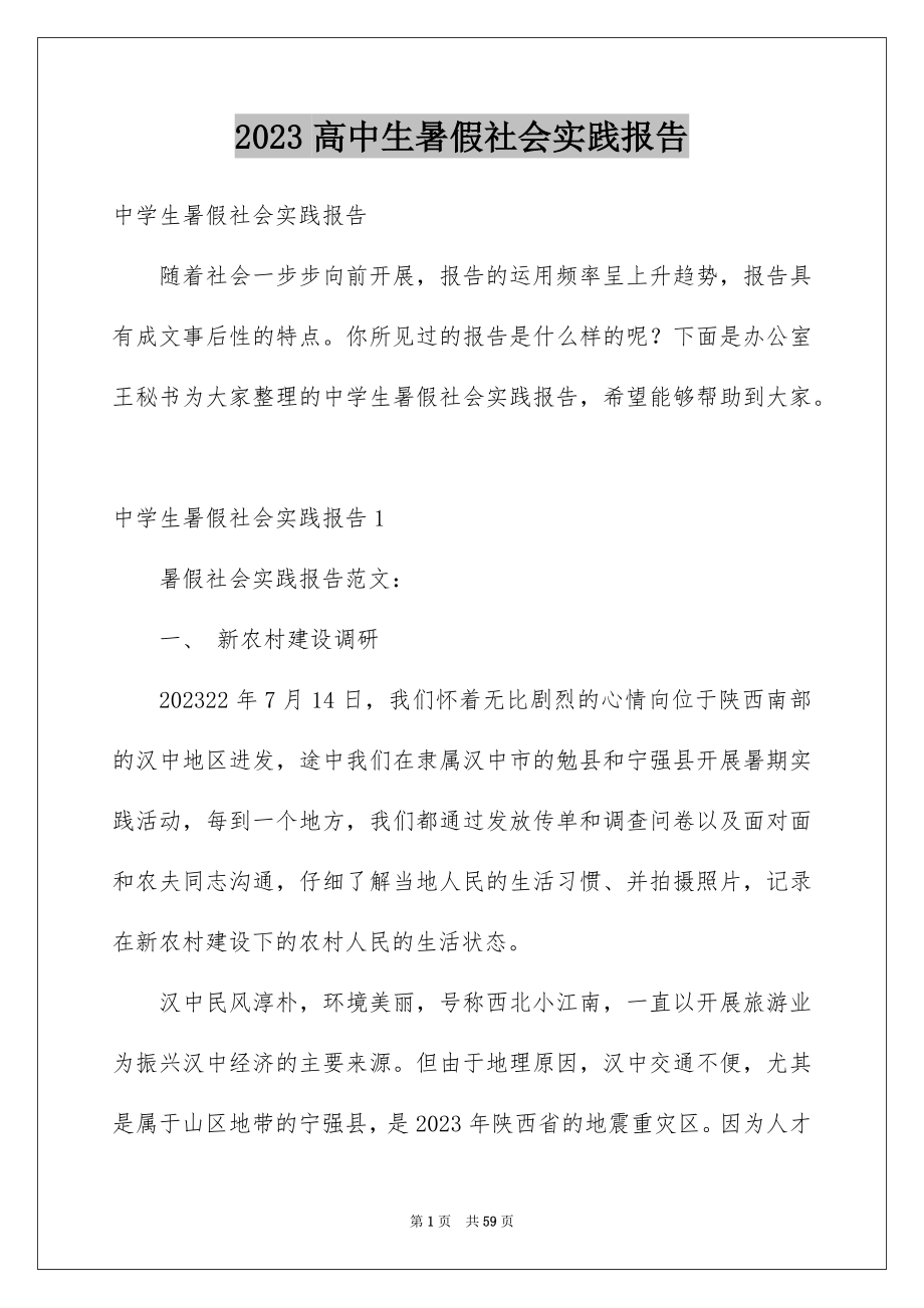 2023年高中生暑假社会实践报告19范文.docx_第1页