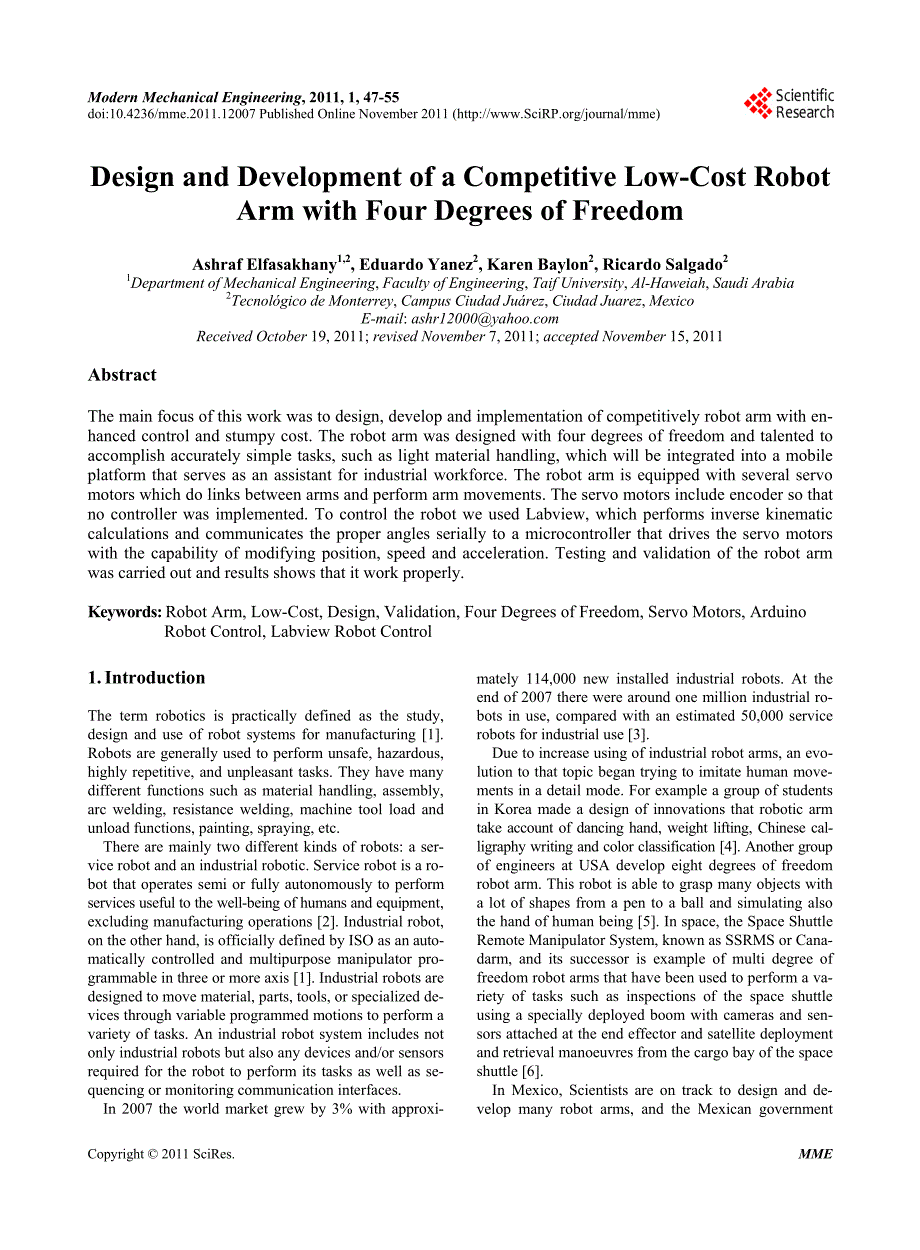 外文翻译--一个具有竞争力的低成本的四自由度机械人手臂的设计与开发英文版_第1页