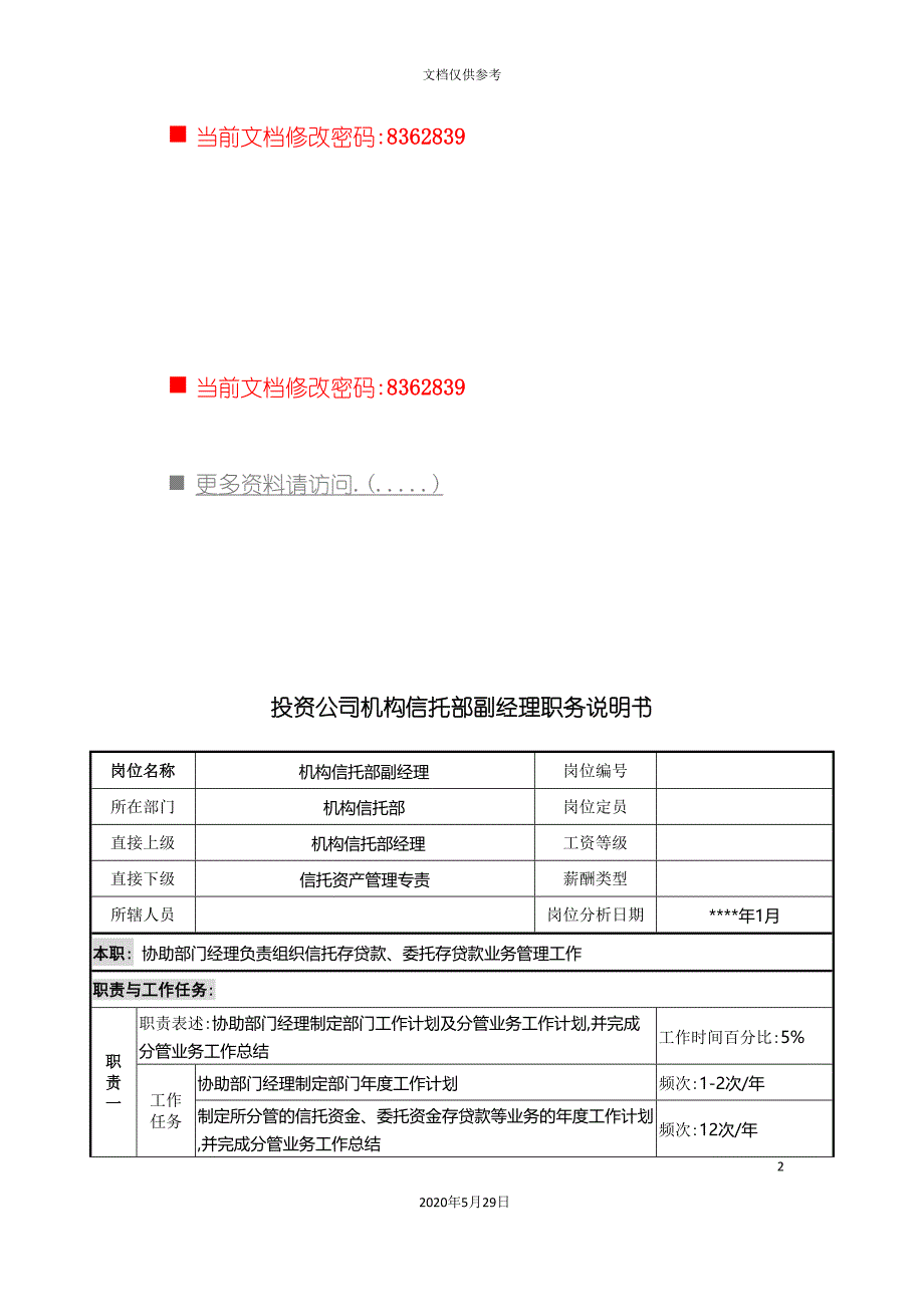 信托部副经理职务说明书_第2页