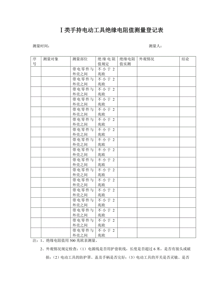 手持电动工具绝缘电阻值测量记录表.doc_第1页