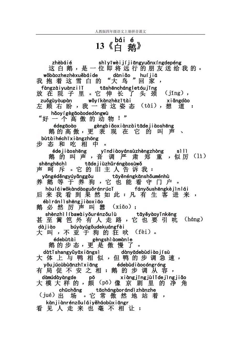 人教版四年级语文上册拼音课文13《白鹅》_第1页