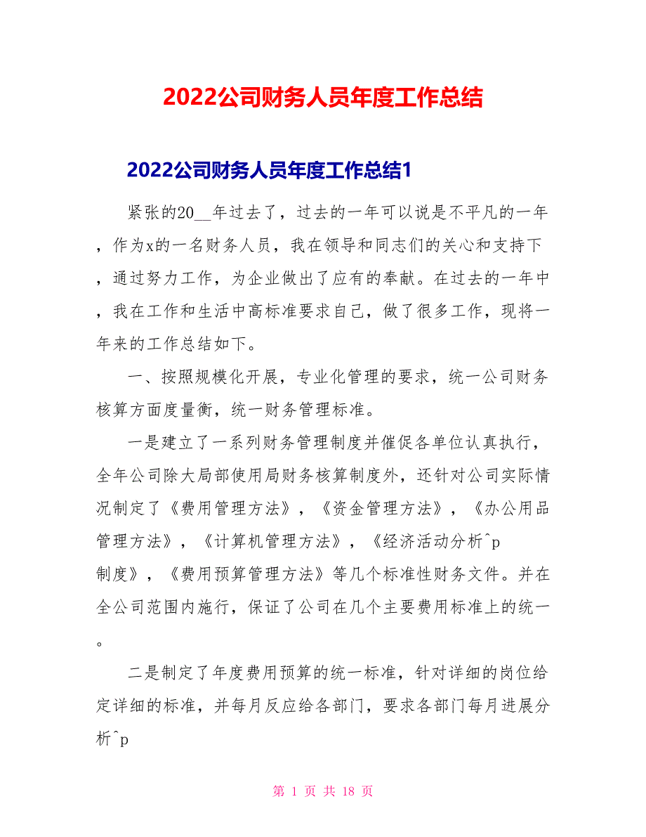 2022公司财务人员年度工作总结_第1页