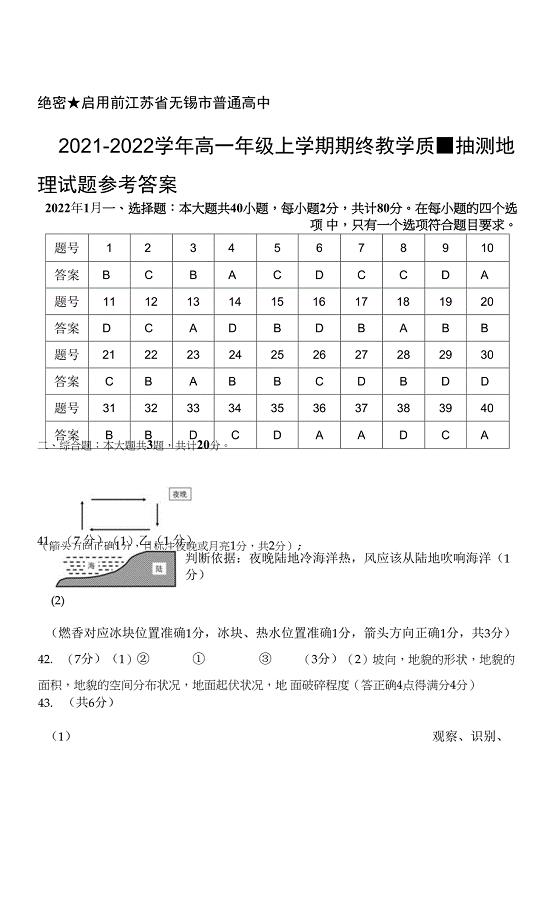 江苏省无锡市普通高中2021-2022学年高一年级上学期期终教学质量抽测地理参考答案.docx