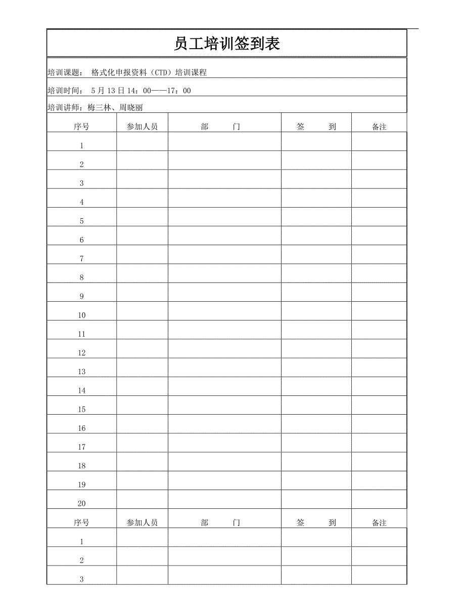 员工培训签到表(范本)_第1页