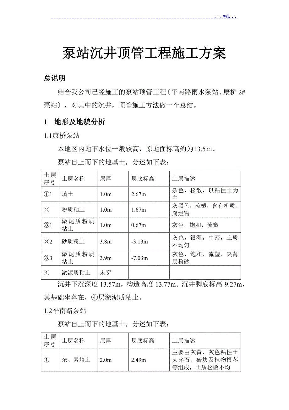 泵站沉井顶管工程施工方案_第1页