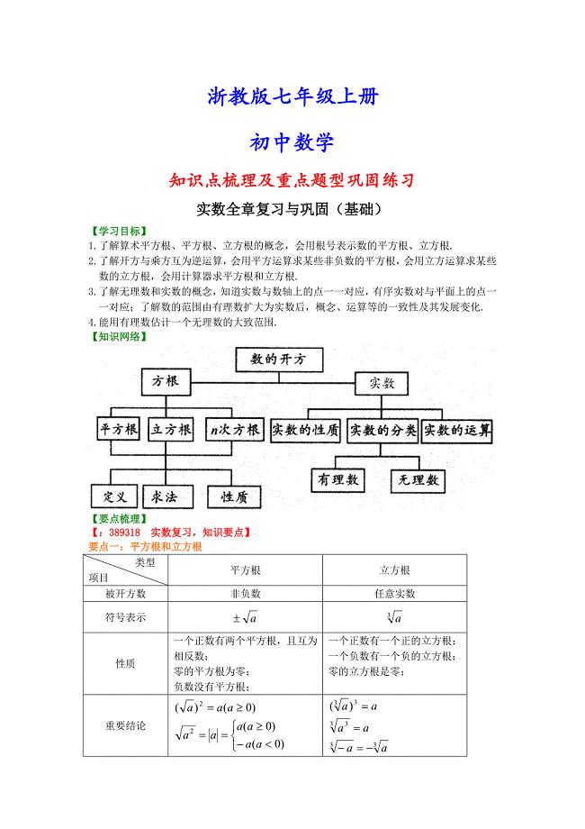 浙教版初一上册数学实数全章复习与巩固(基础)知识点梳理及重点题型分析汇编