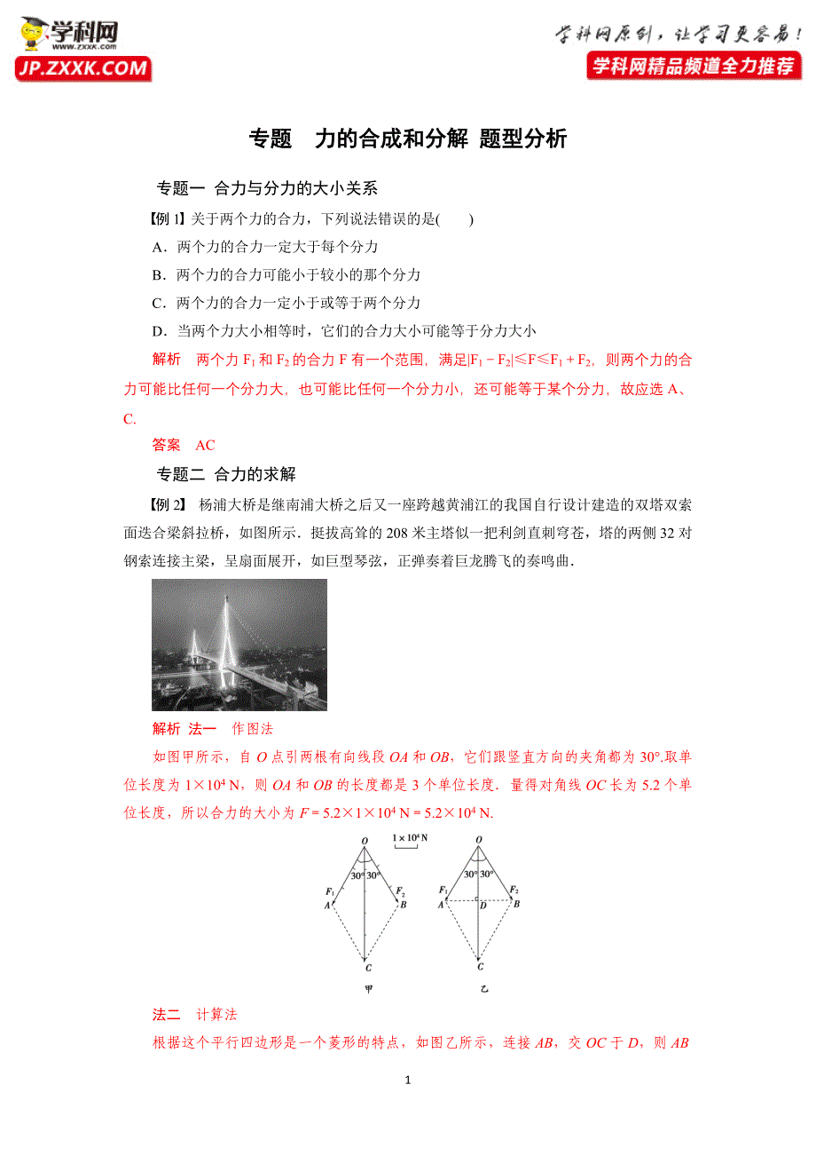 专题第四节力的合成和分解题型分析20202021高中物理同步备课学案人教版必修第一册_第1页