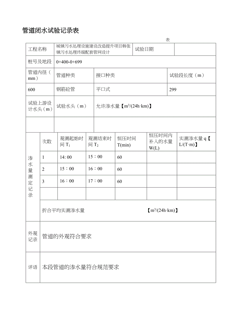 管道闭水试验记录表.doc_第3页