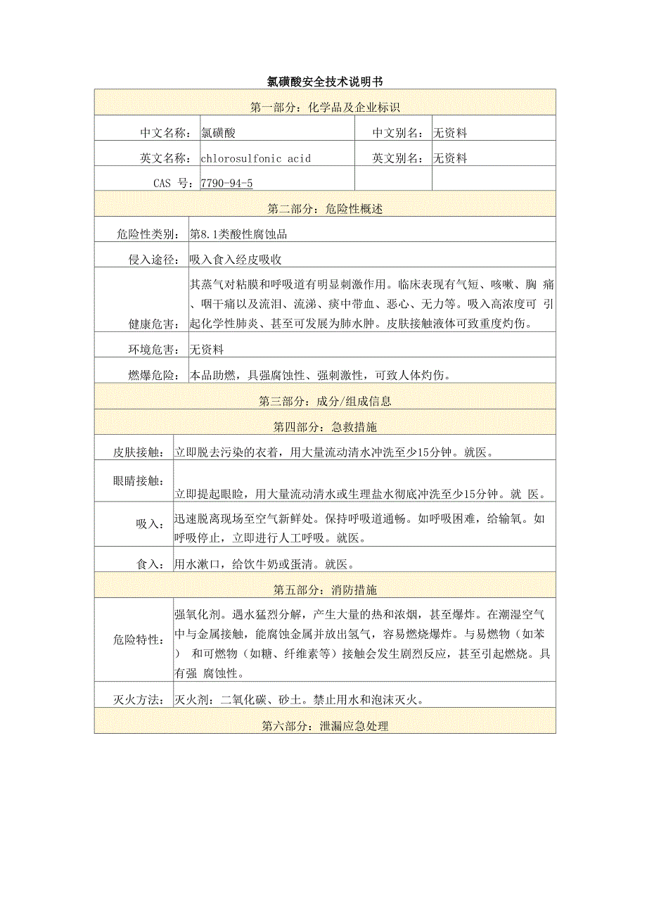 氯磺酸安全技术说明书_第1页