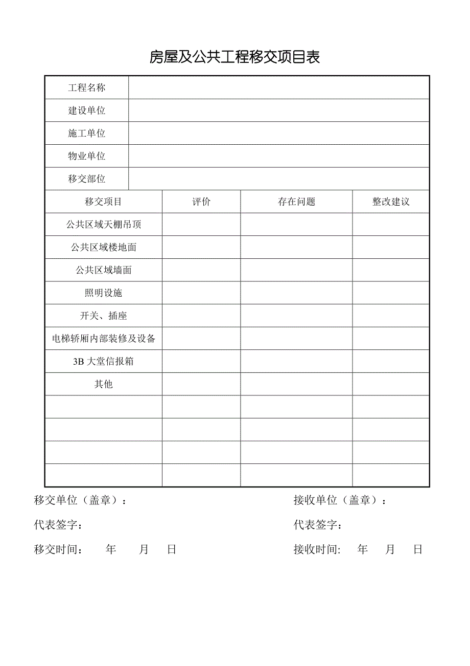 房屋及公共工程移交项目表(物业移交单)_第1页