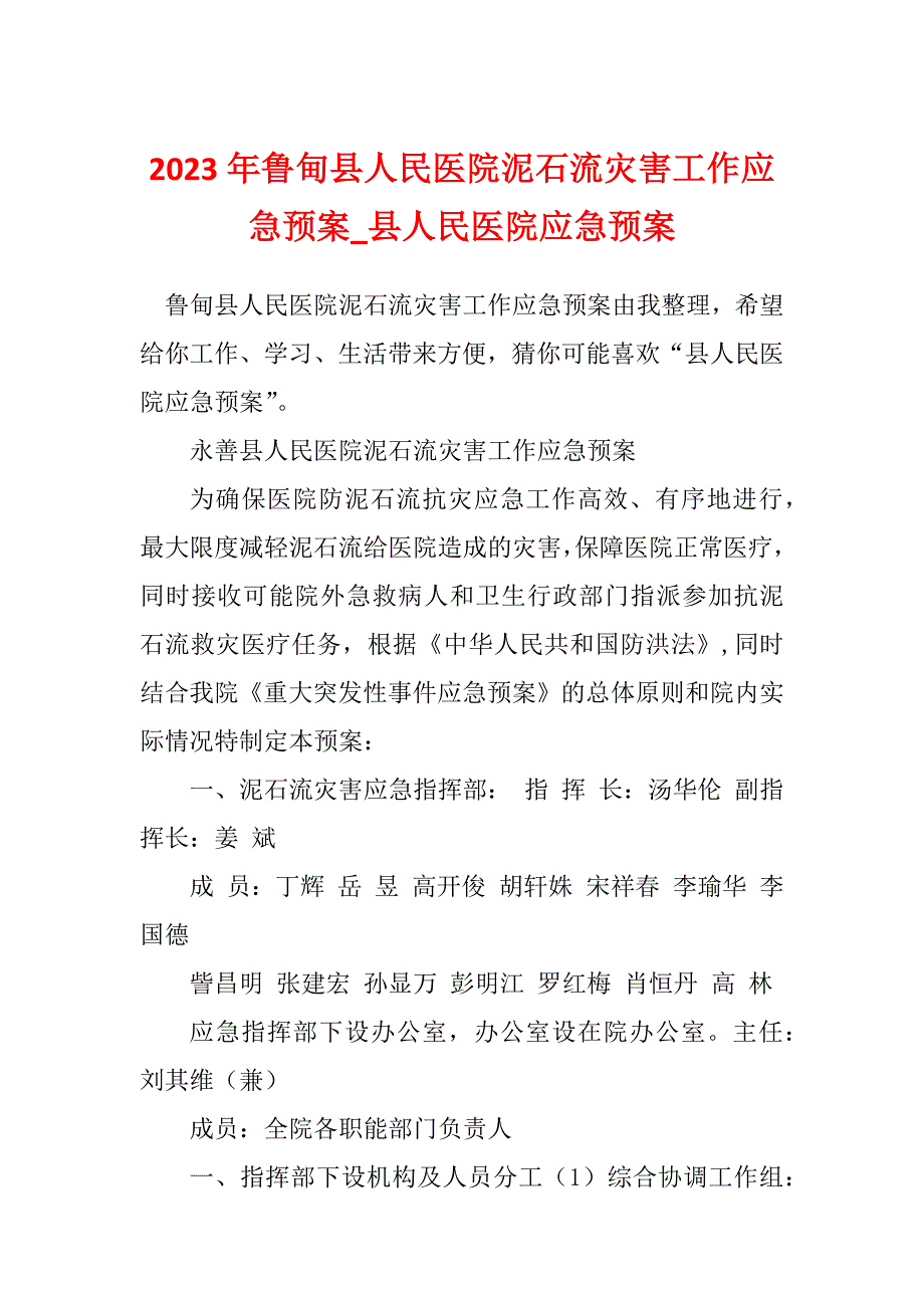 2023年鲁甸县人民医院泥石流灾害工作应急预案_县人民医院应急预案_第1页