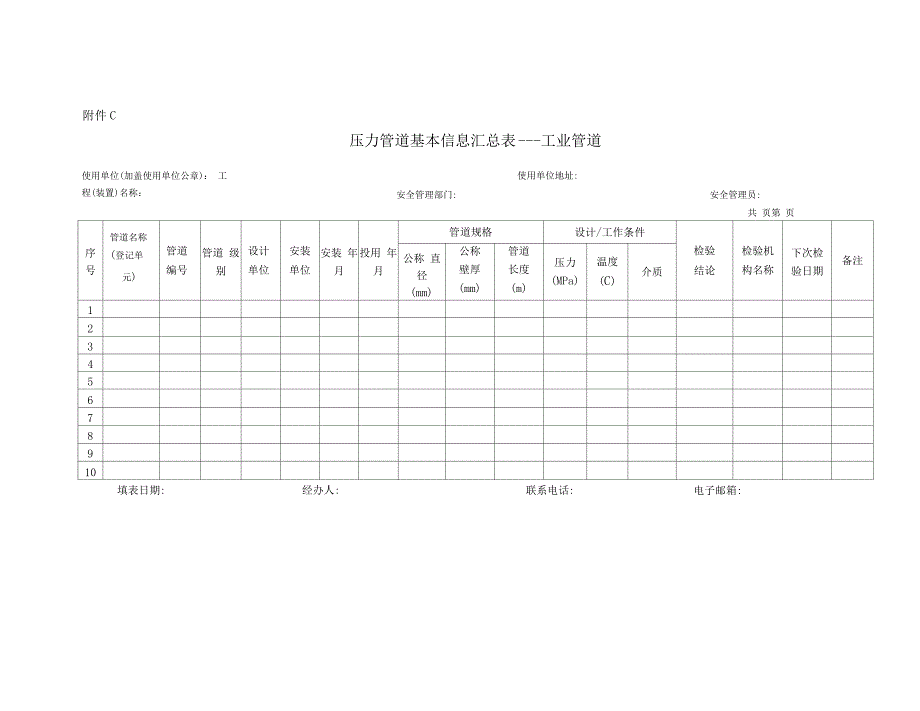 压力管道基本信息汇总表——工业管道_第1页