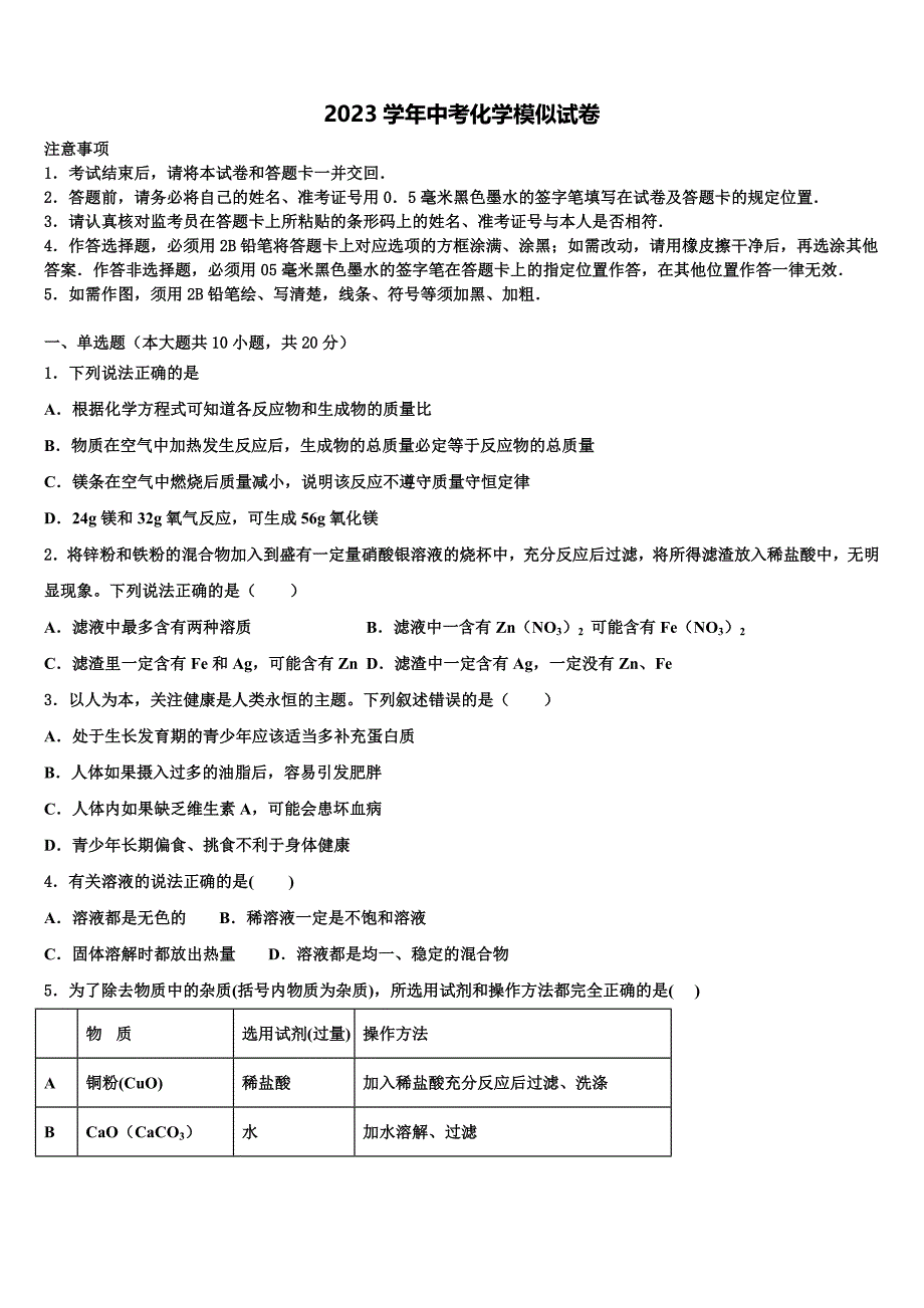 南开中学初2023年中考化学模拟试题（含解析）.doc_第1页